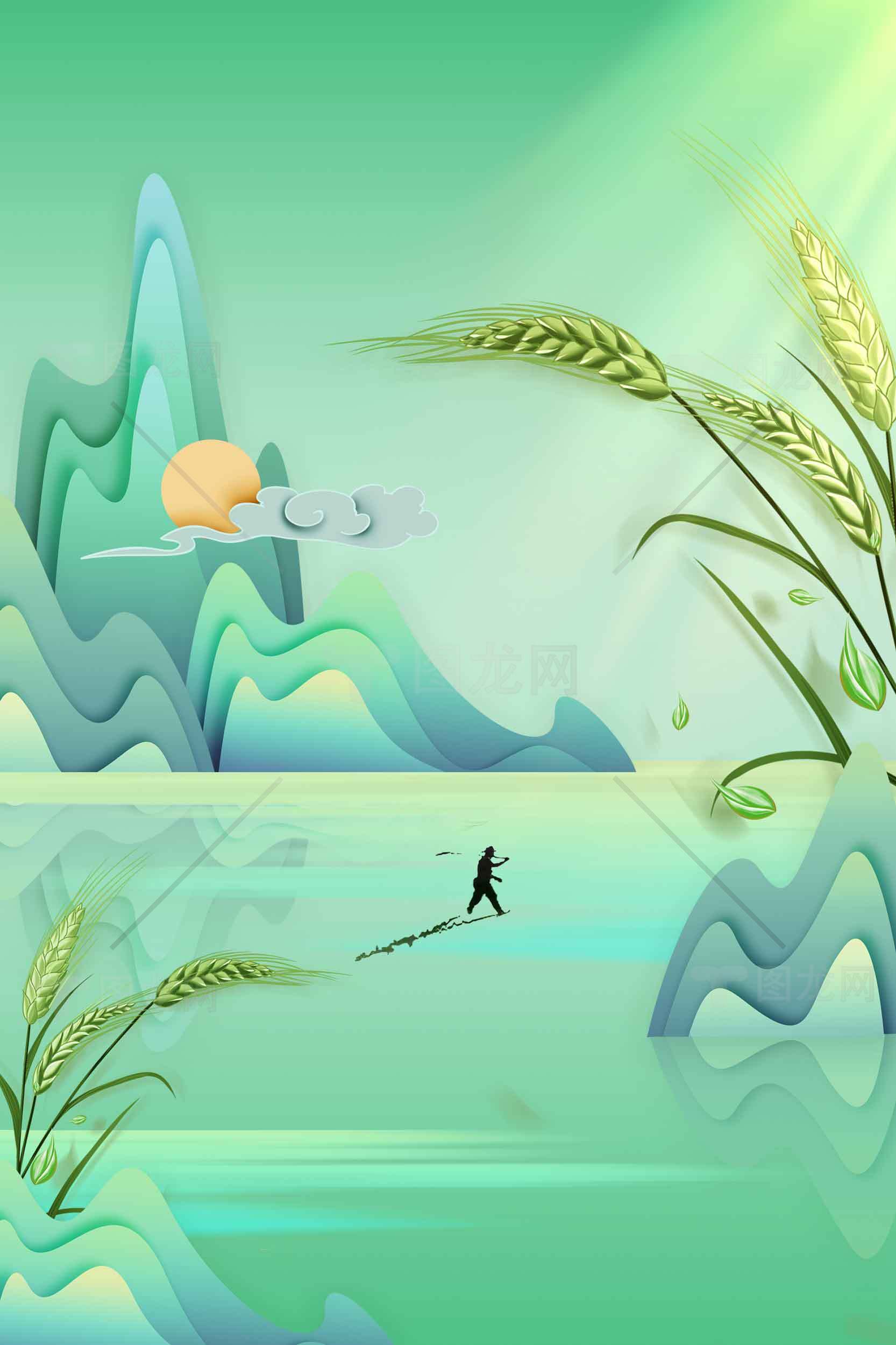 唯美山水插画：绿色自然风光与稻穗意境素材