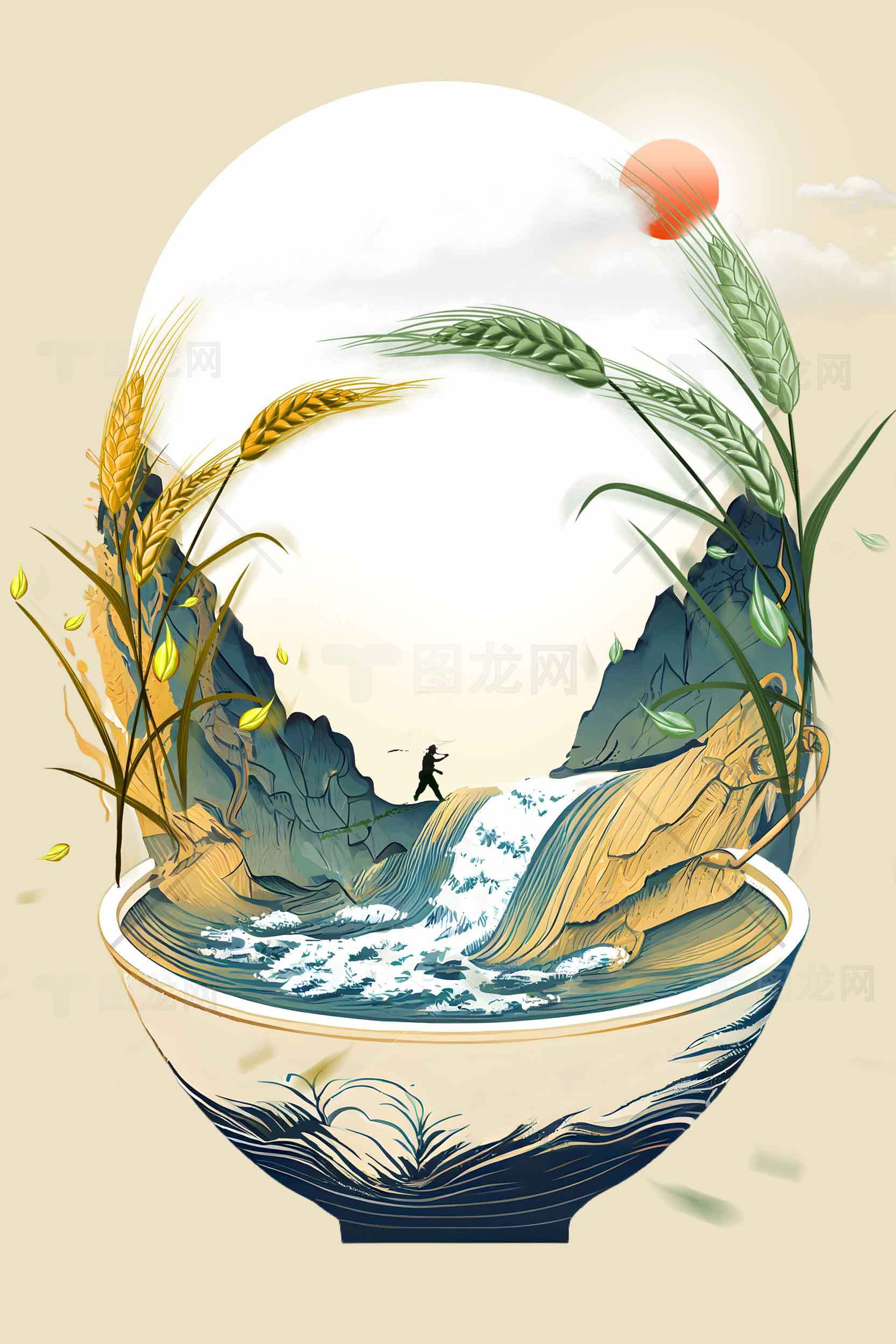 山水意境插画：稻谷与流水的诗意融合素材