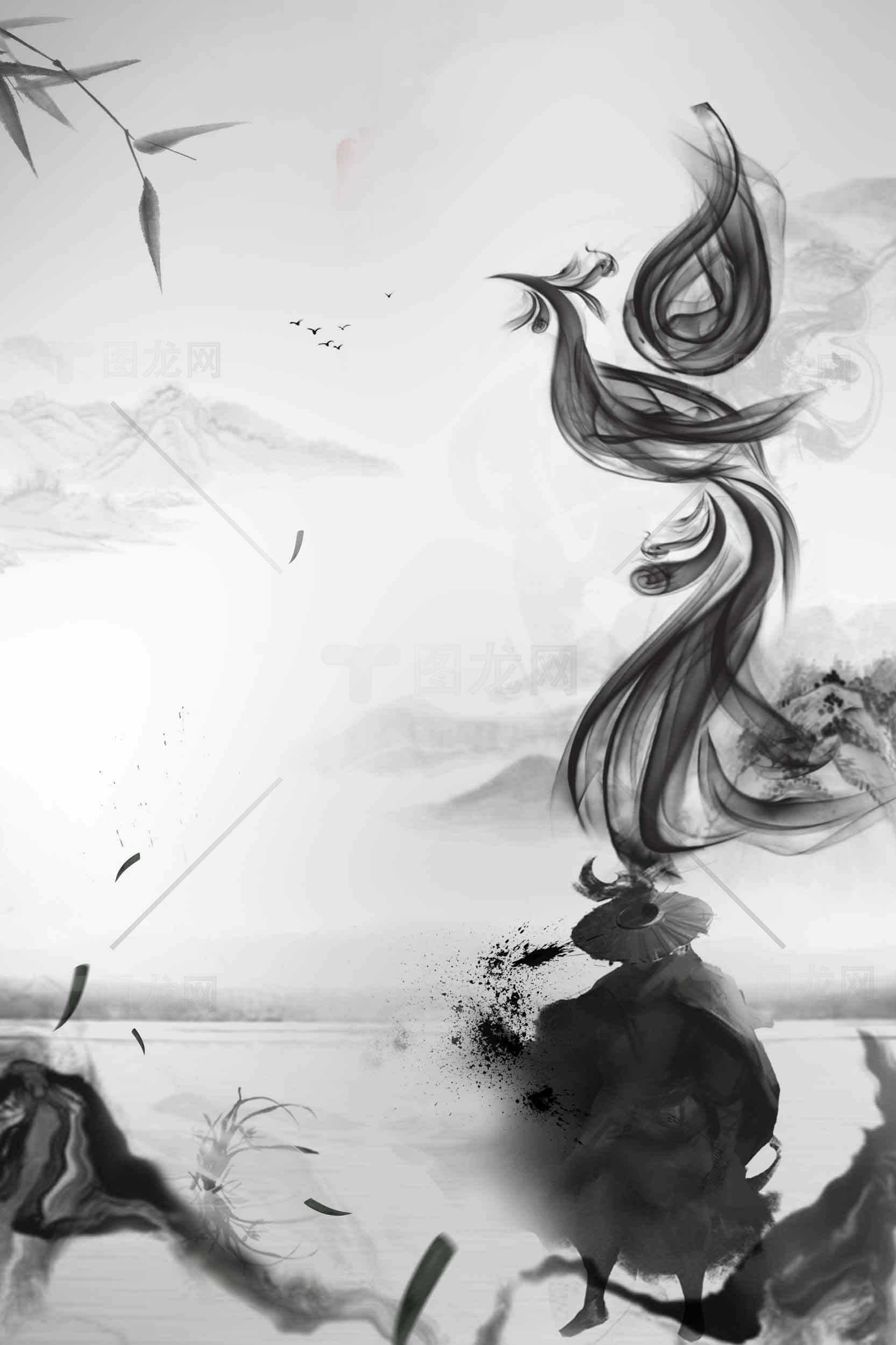 中国水墨画风格武士与凤凰意境插画素材