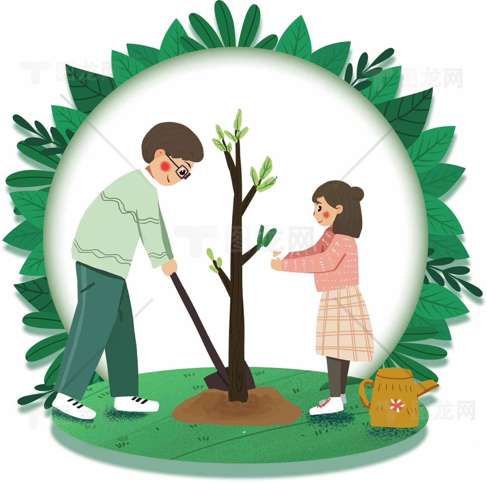 亲子植树活动插画 | 环保与自然主题素材