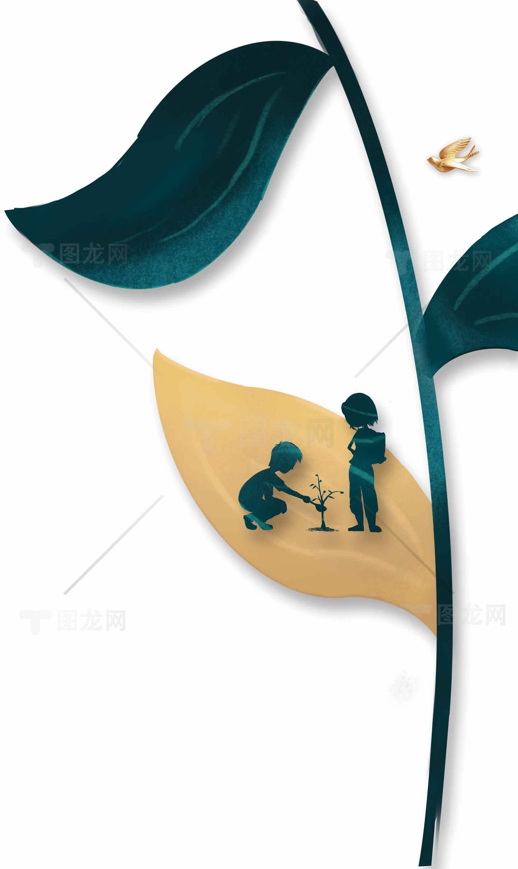 环保主题插画：孩子们种植树木的美好瞬间素材