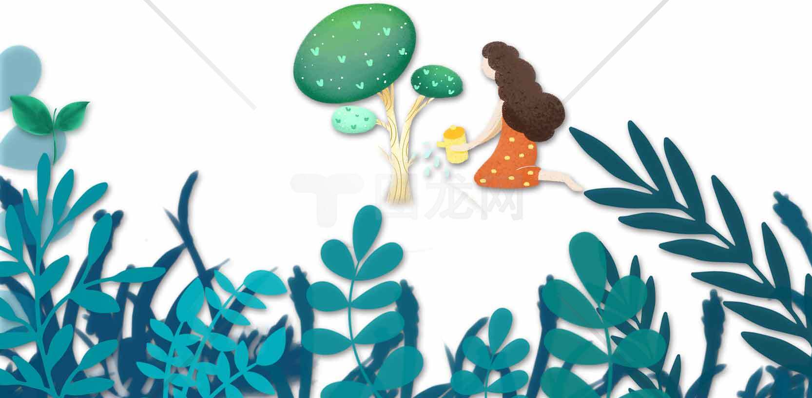 女孩与森林蘑菇插画场景素材