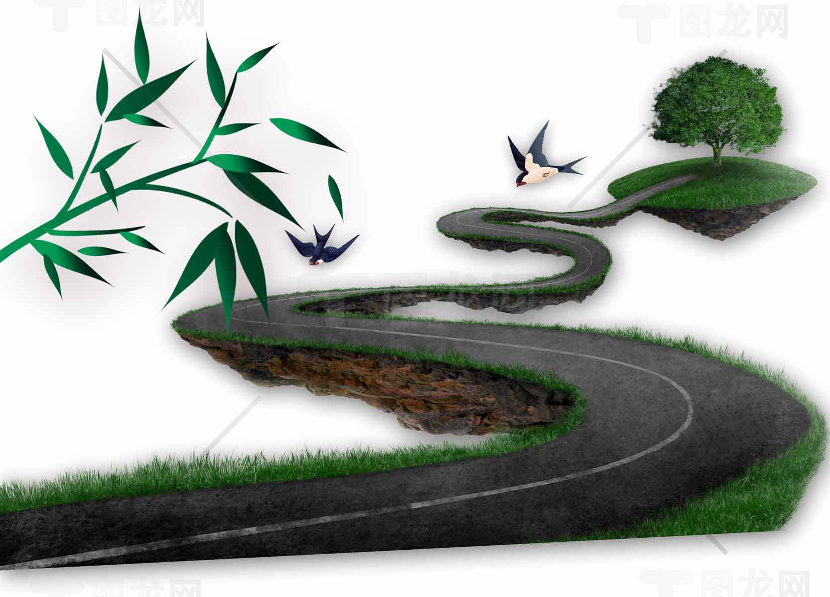 蜿蜒小路与自然风光插画设计素材