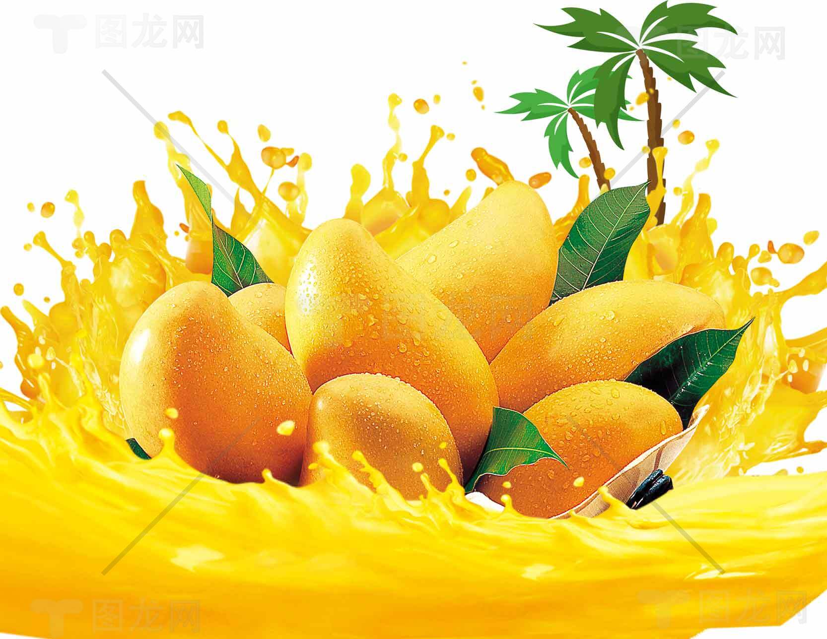 新鲜芒果与果汁飞溅的热带风情图片素材