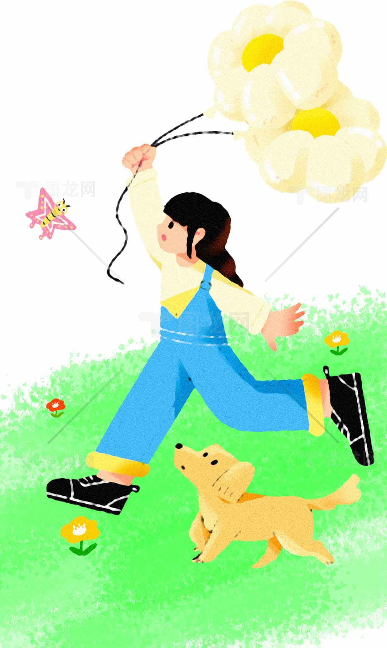 女孩与狗狗的春日郊游插画素材