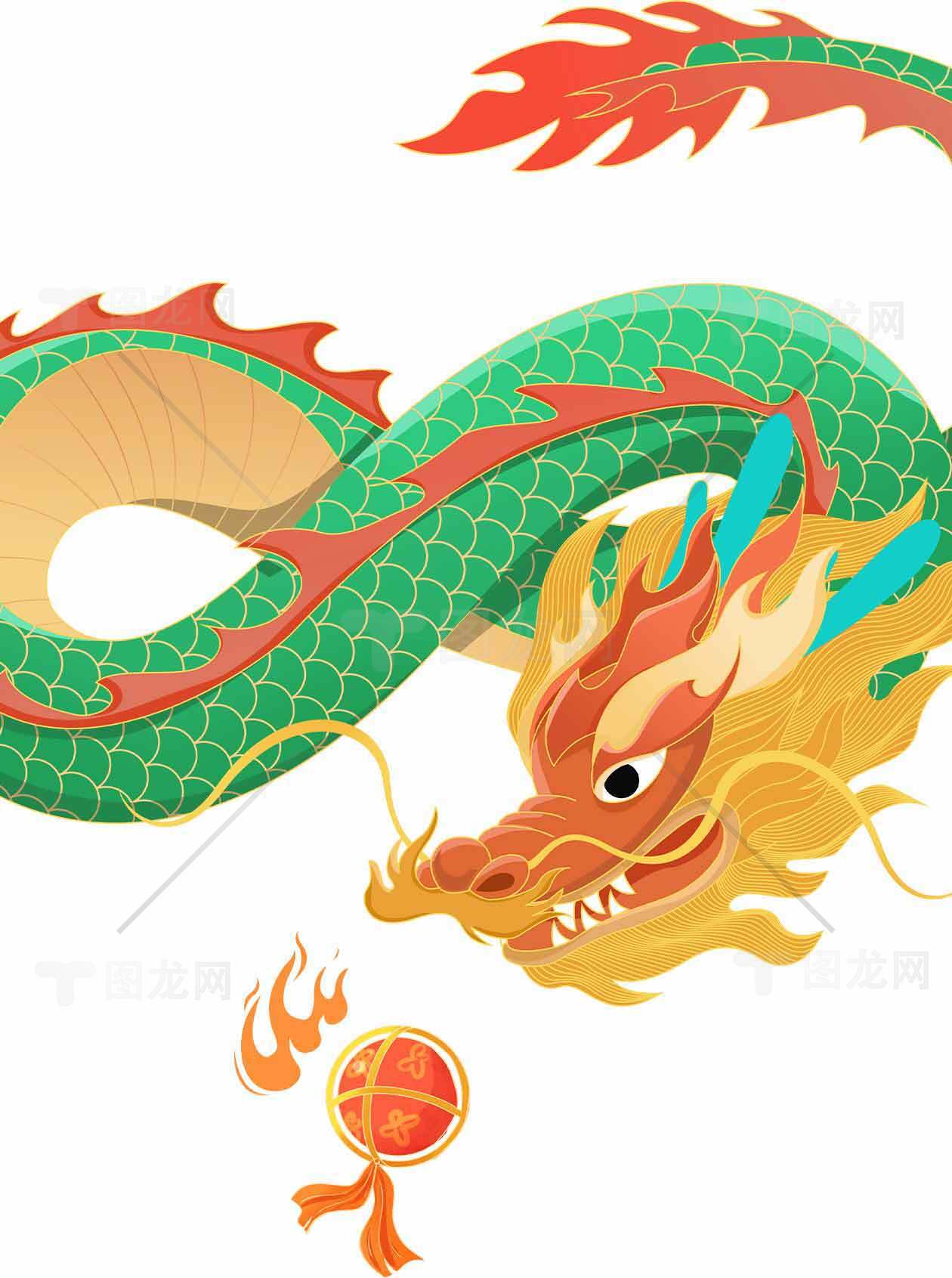 中国传统龙图案设计与火焰珠宝元素素材