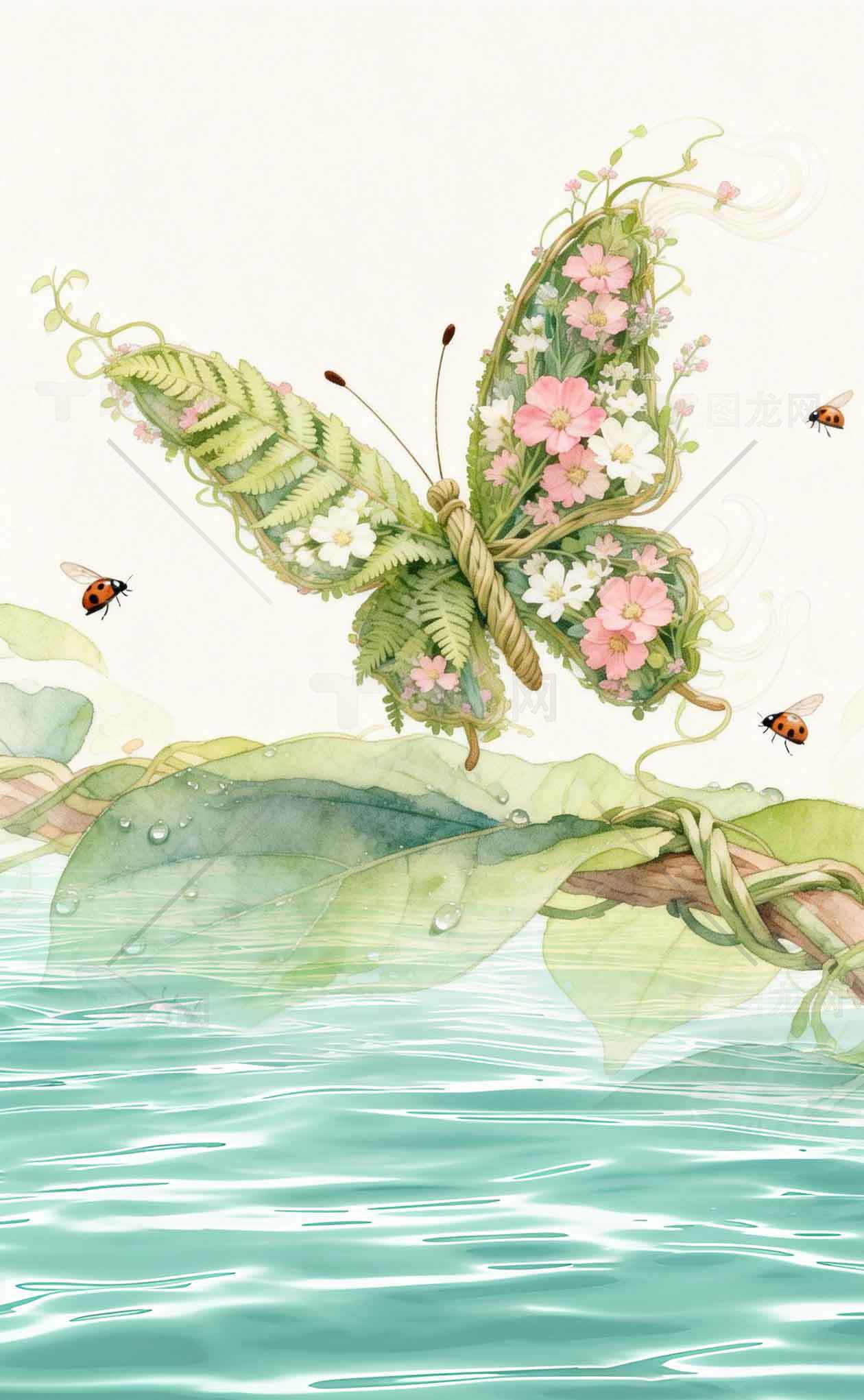 唯美自然花蝶与水面插画素材