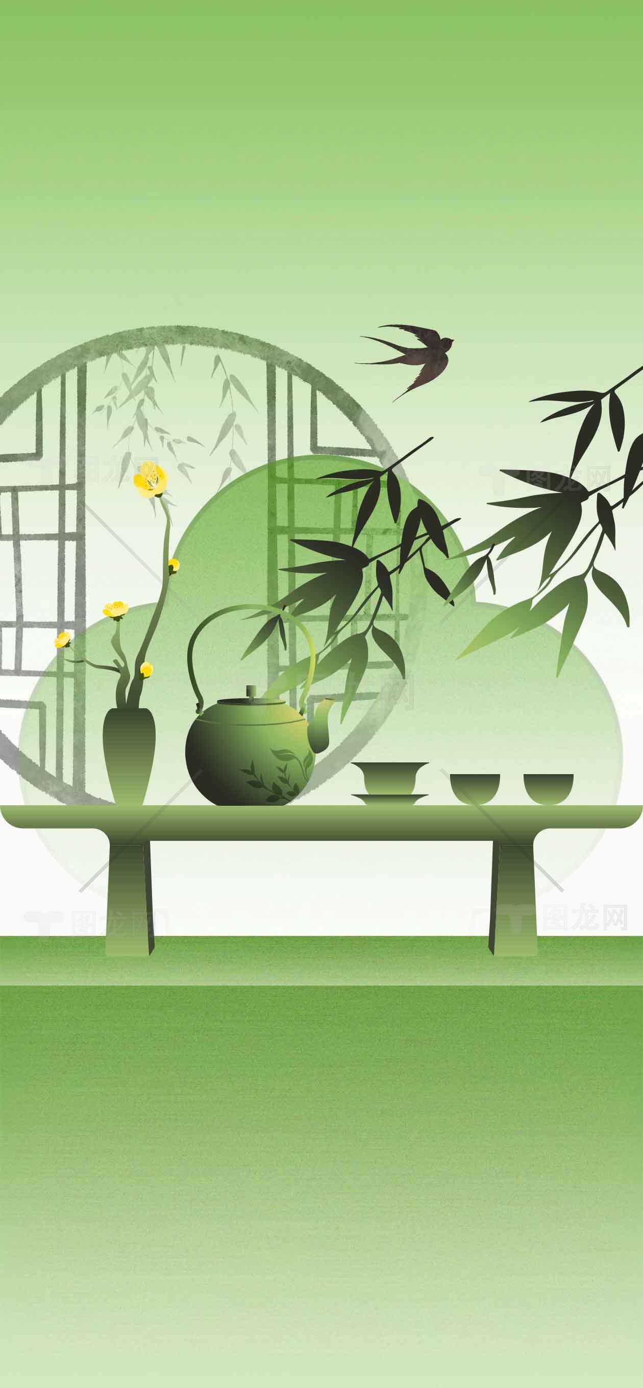 中式茶文化插画：禅意茶桌与自然元素素材