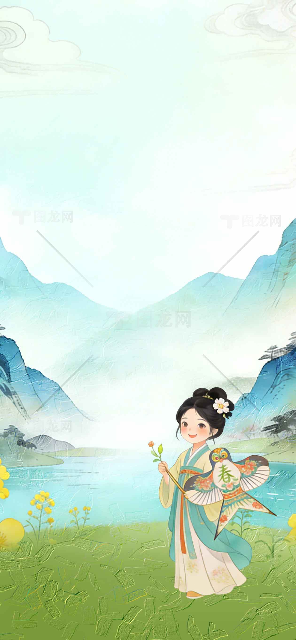 古风山水插画：女子与自然的和谐美素材