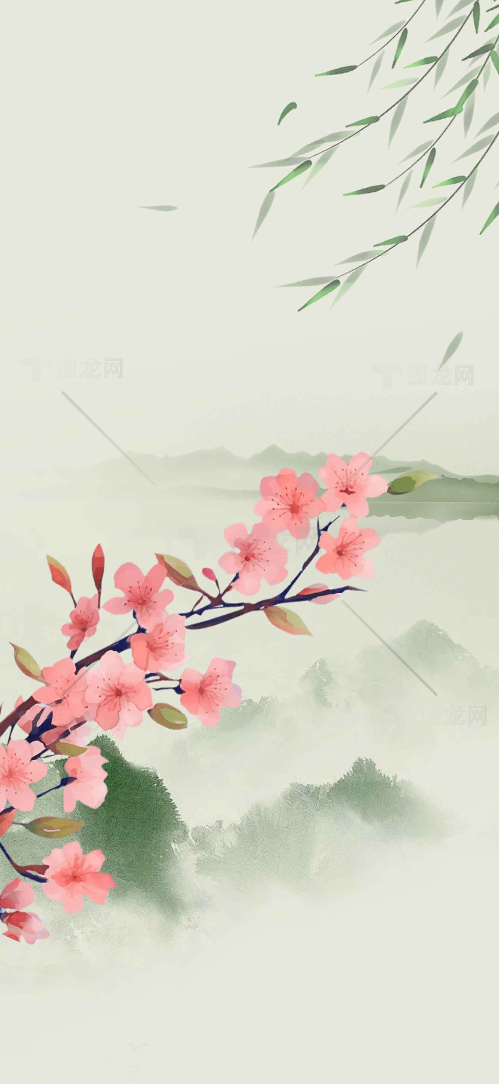 唯美中国风水墨画背景：桃花与竹叶意境素材
