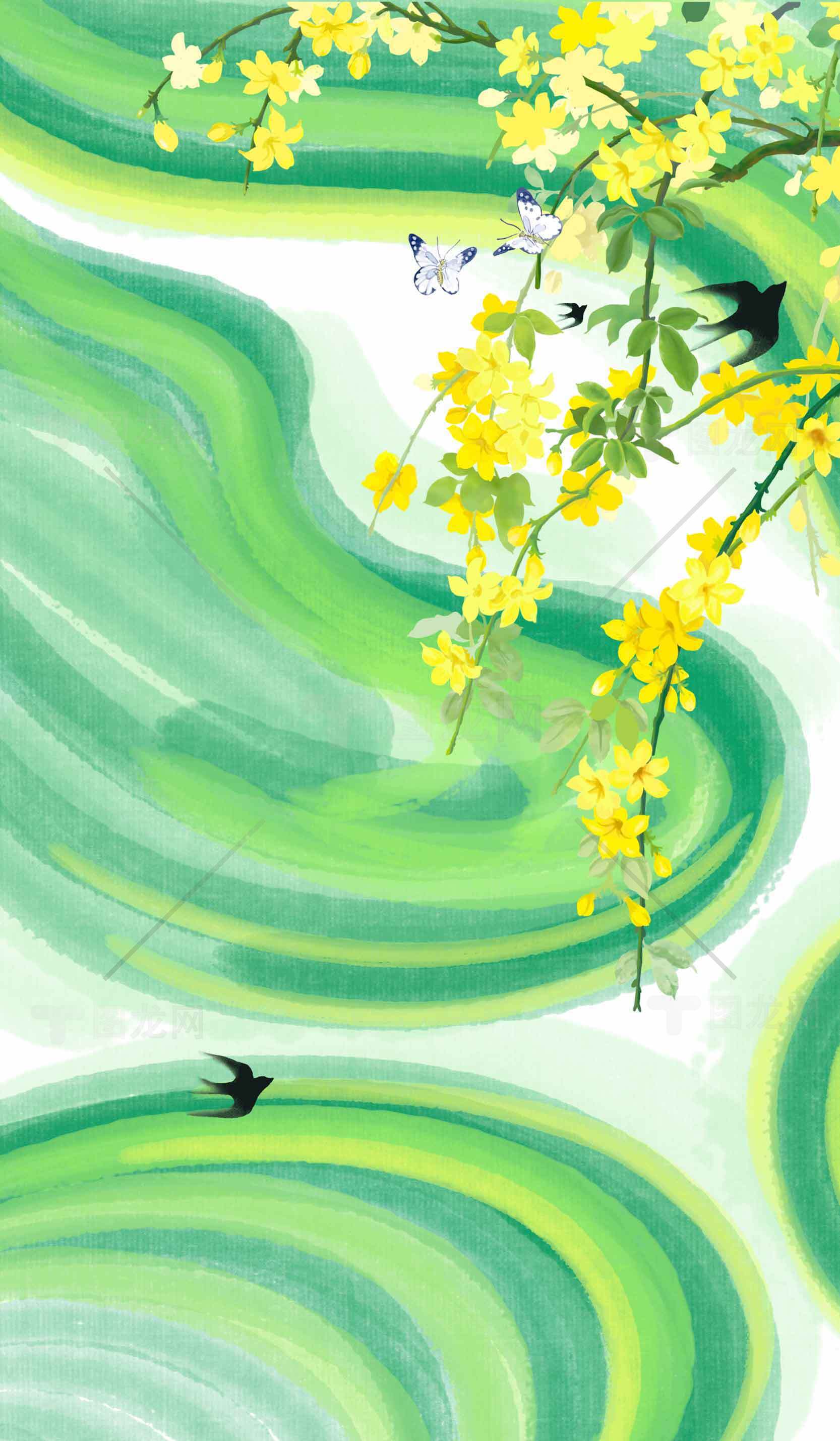 春日绿色田园风光插画背景素材