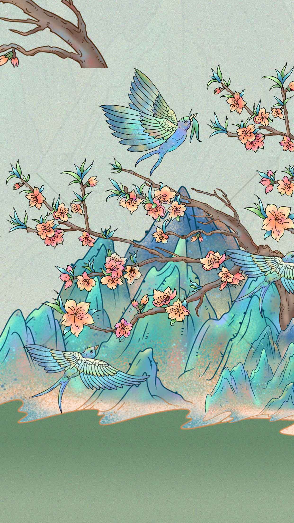 中国风山水与花鸟插画背景素材