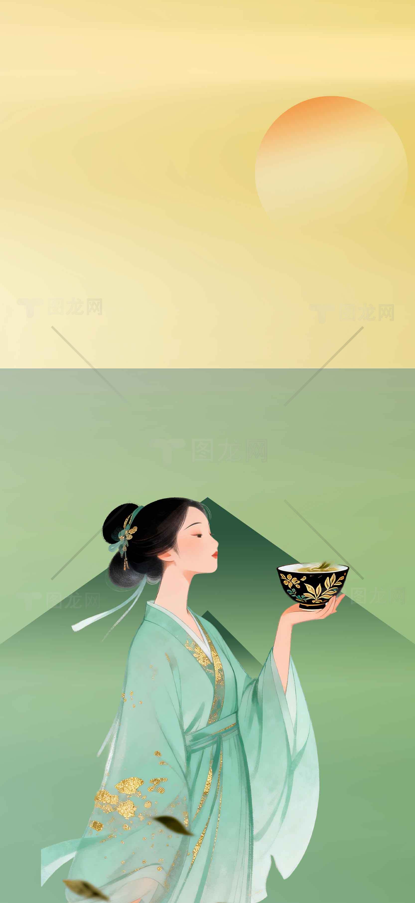 古风插画：女子与茶碗的唯美意境素材