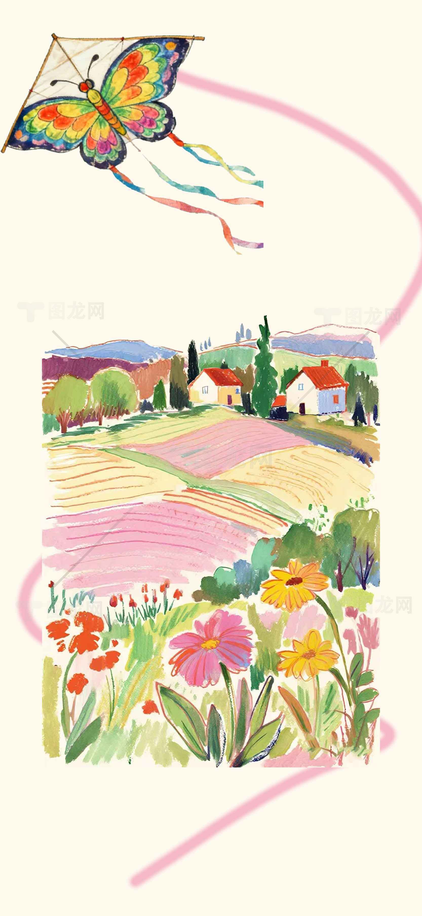 田园风光与蝴蝶风筝插画素材