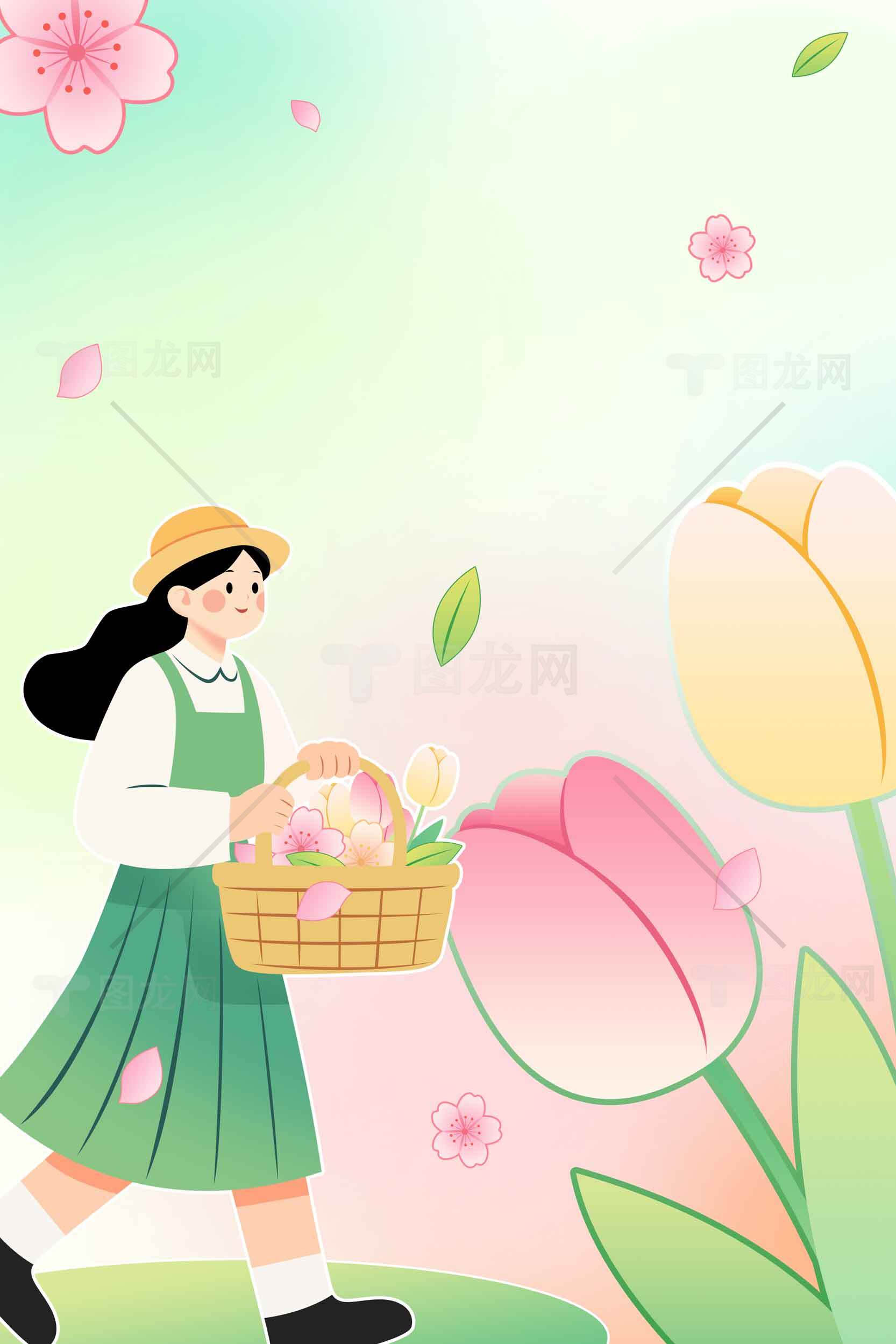 春日田园女孩插画背景图片素材