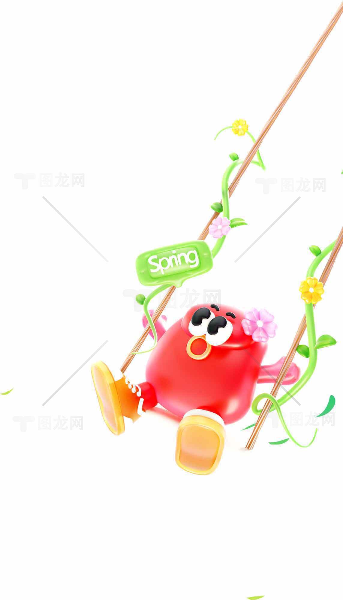 春日卡通角色荡秋千插画素材