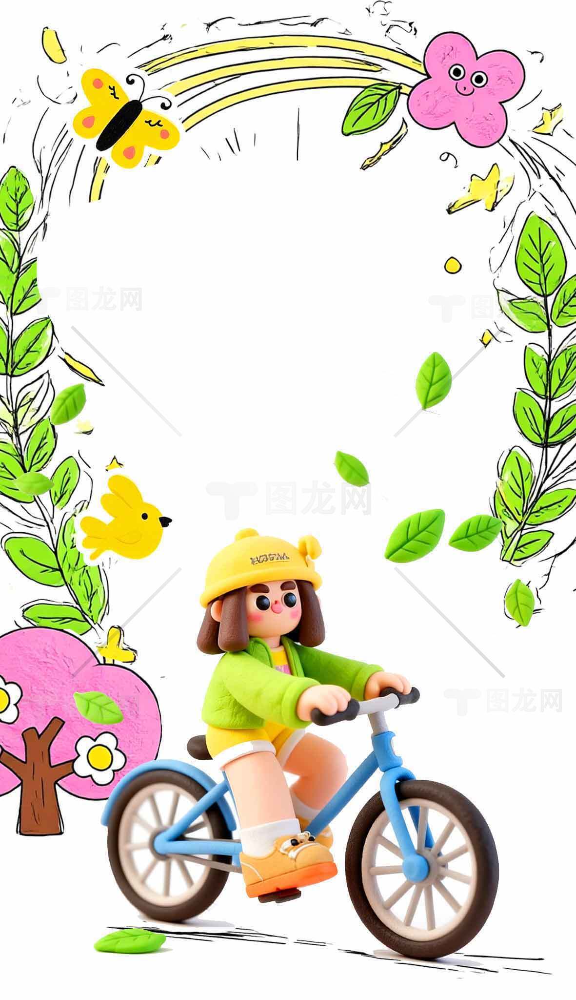 卡通女孩骑自行车的春日插画背景素材