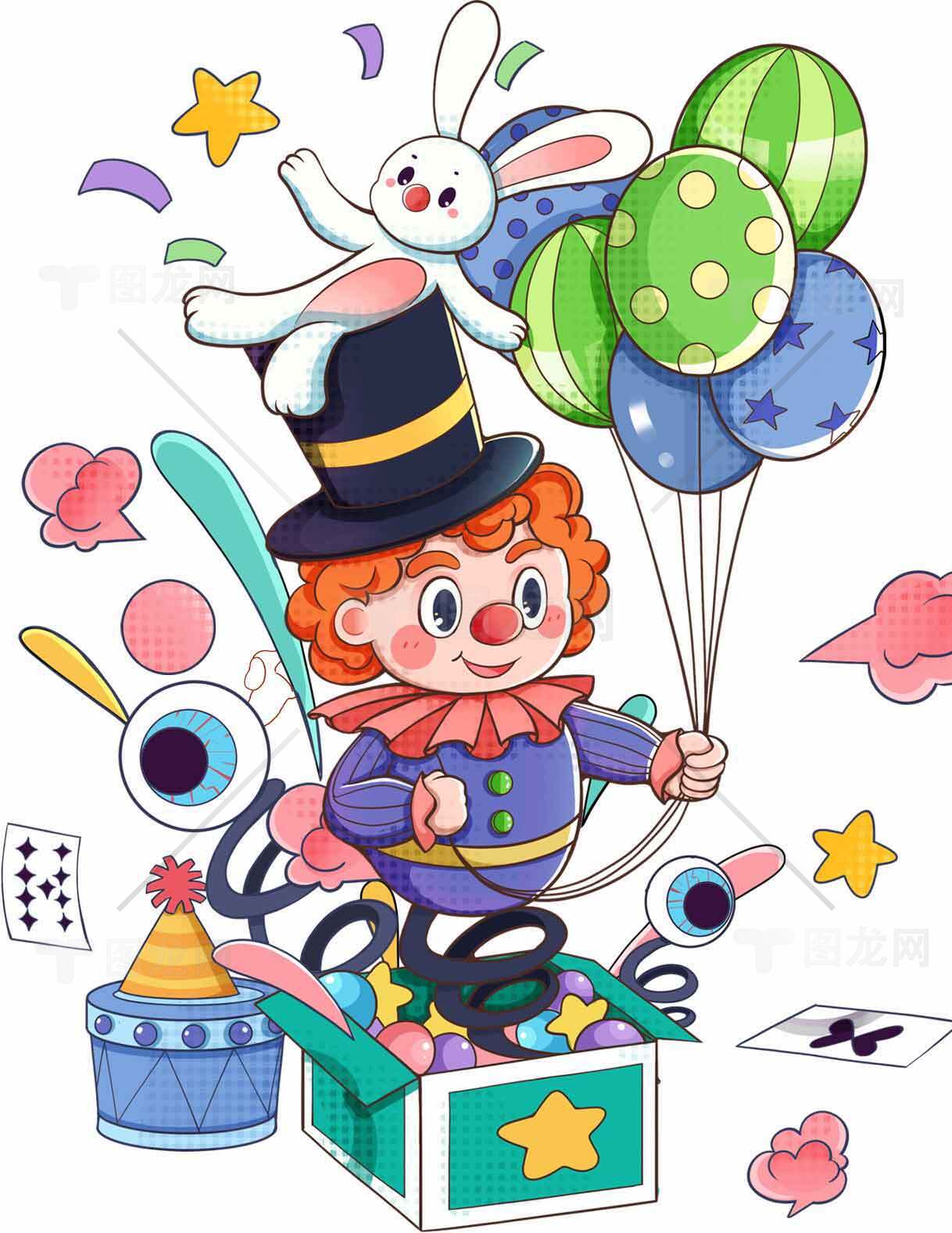 卡通小丑与气球的欢乐派对插画素材