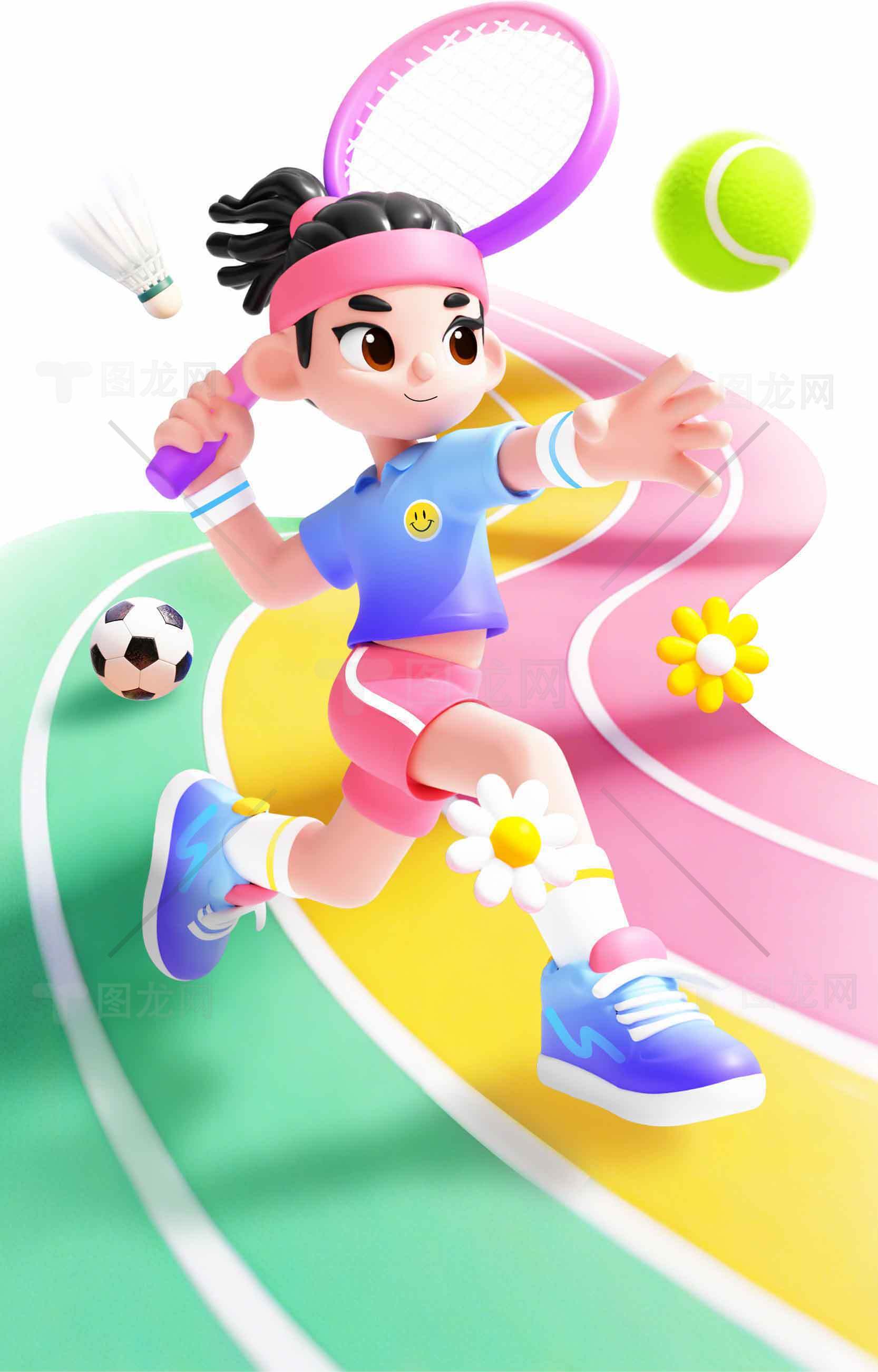 卡通运动女孩活力四射的运动场景插画素材
