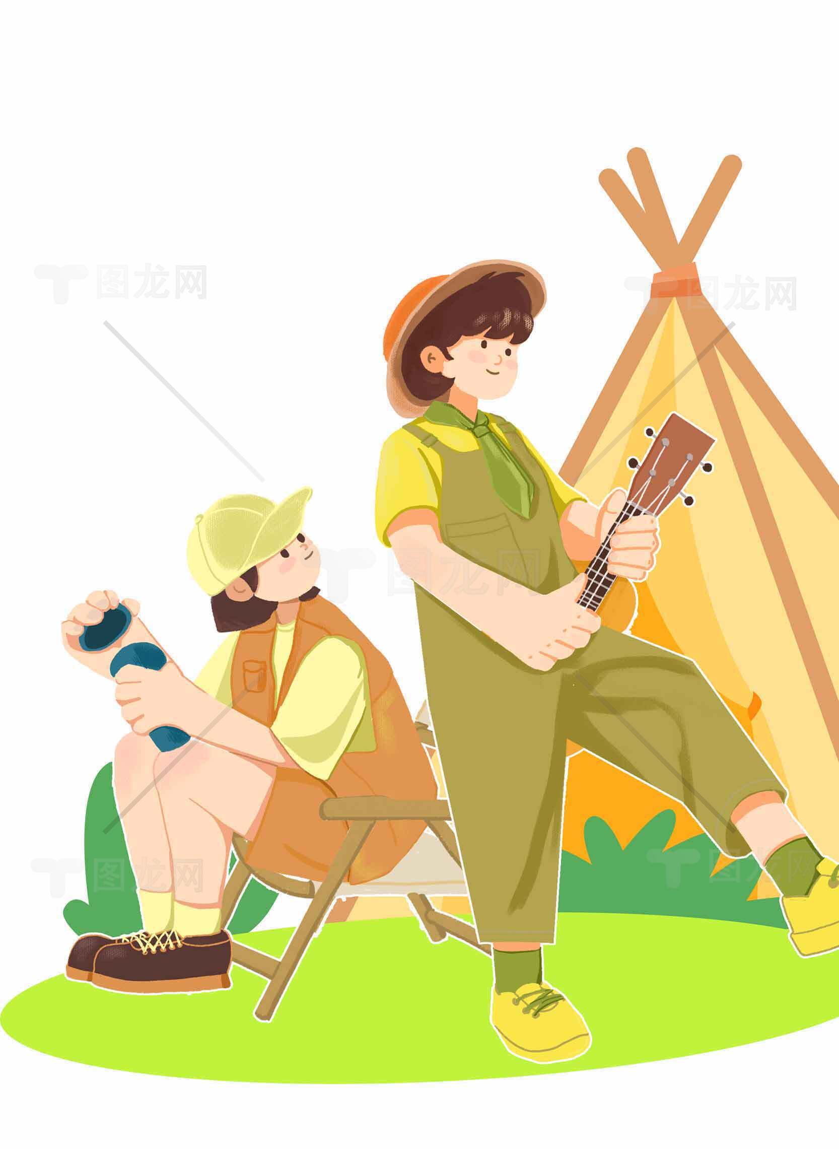 户外露营插画：休闲时光与音乐相伴素材