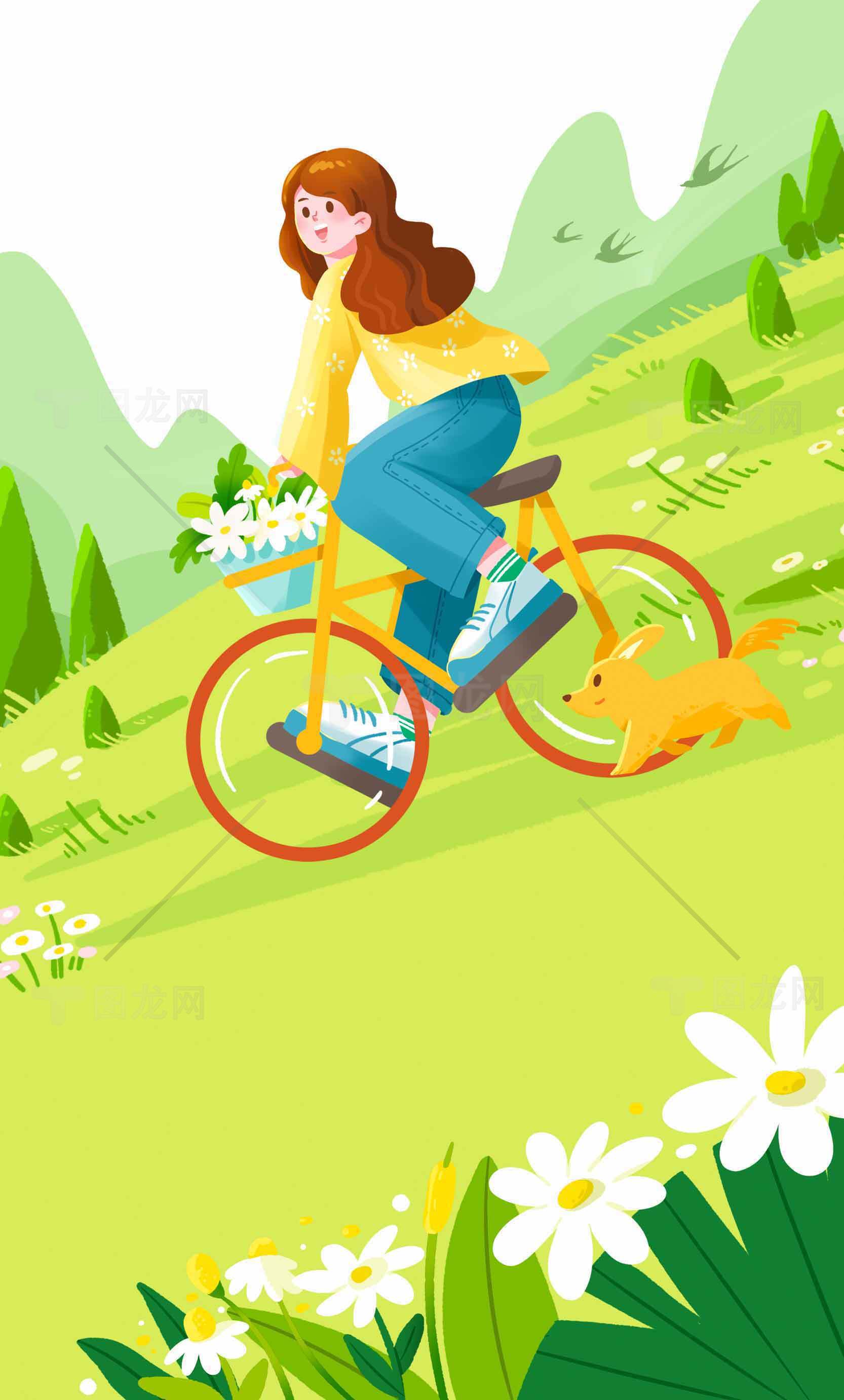 春日骑行插画：自然与活力的完美结合素材