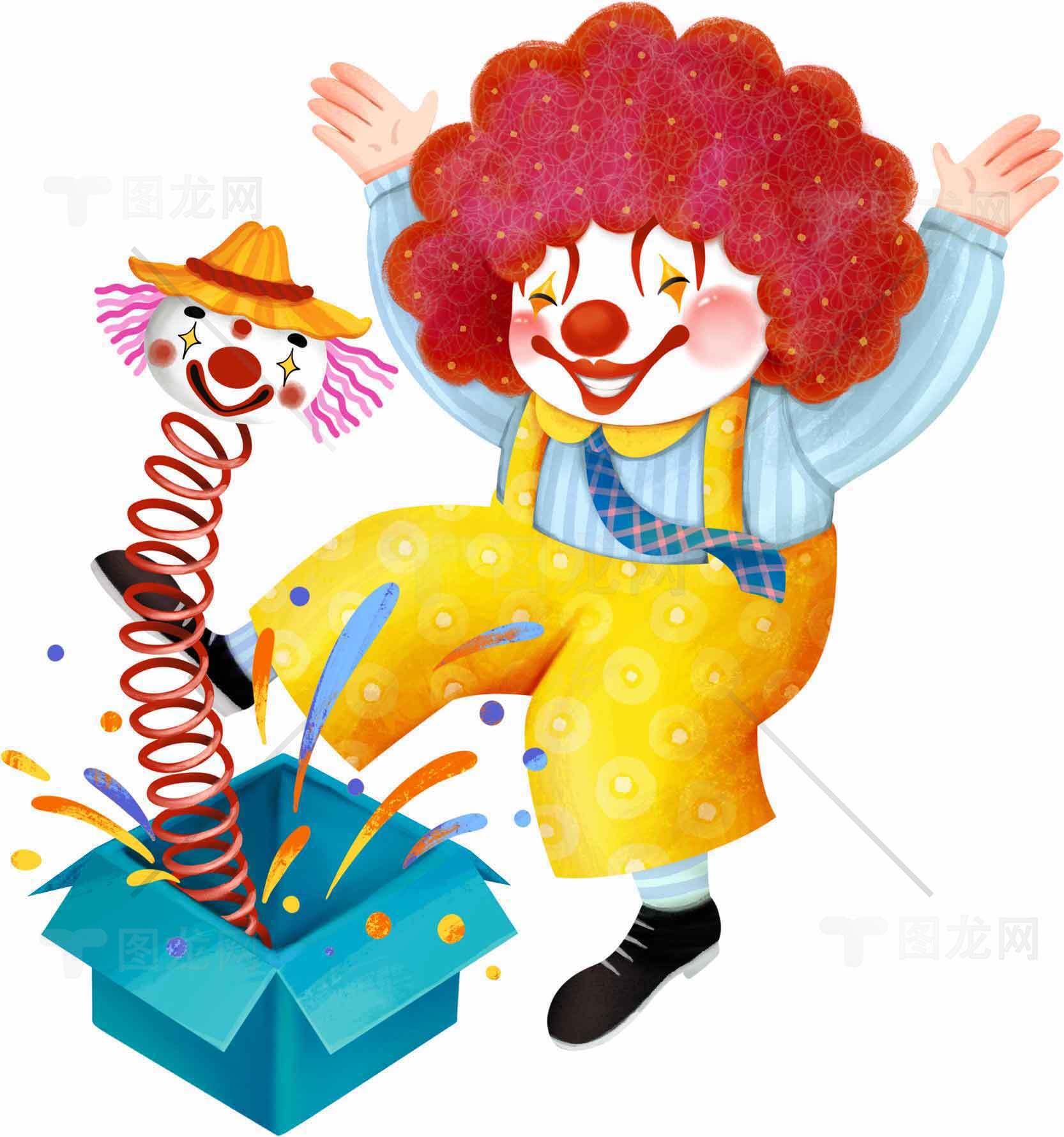 欢乐小丑与惊喜礼盒插画素材