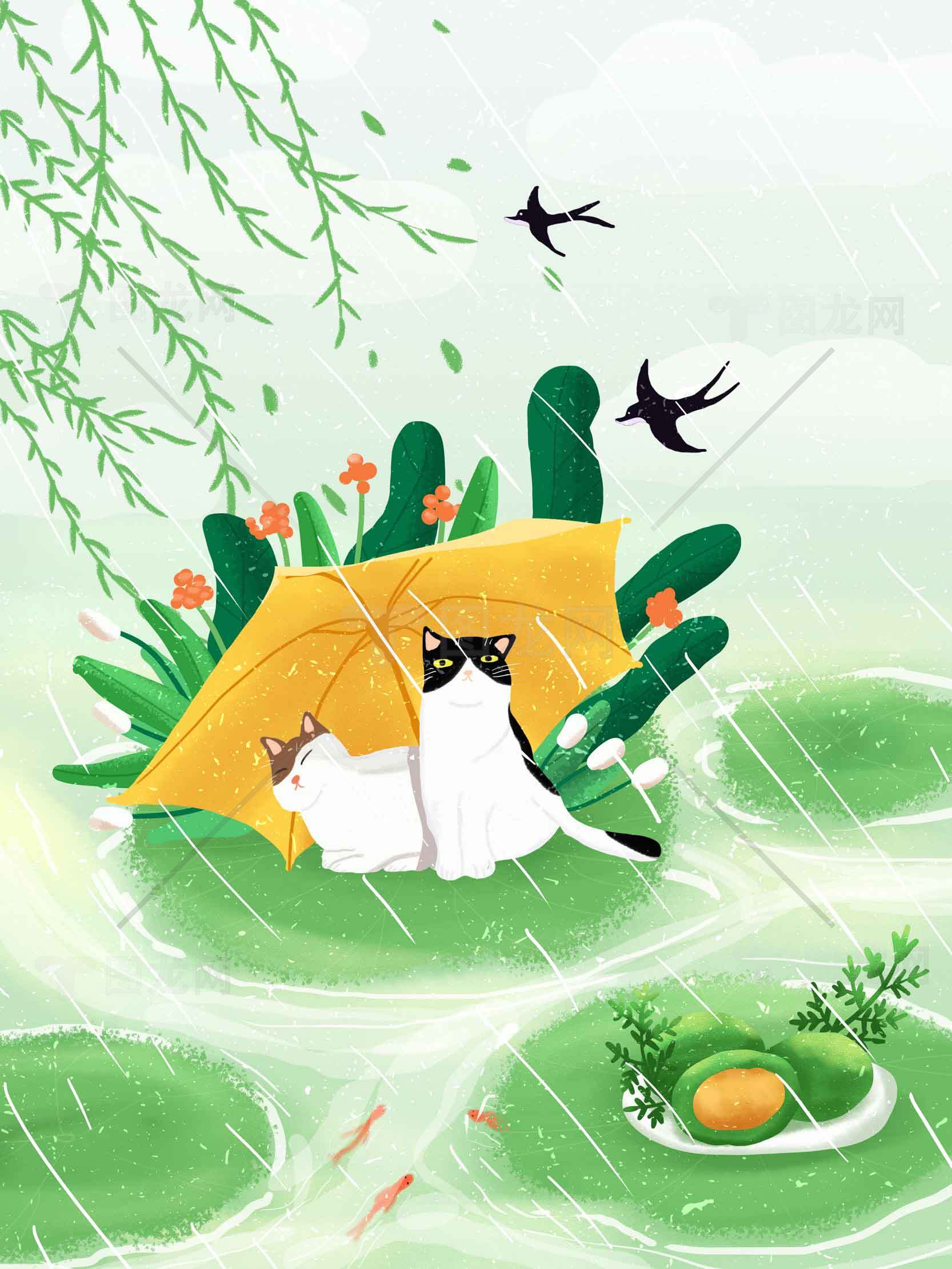雨中猫咪与荷叶的唯美插画素材