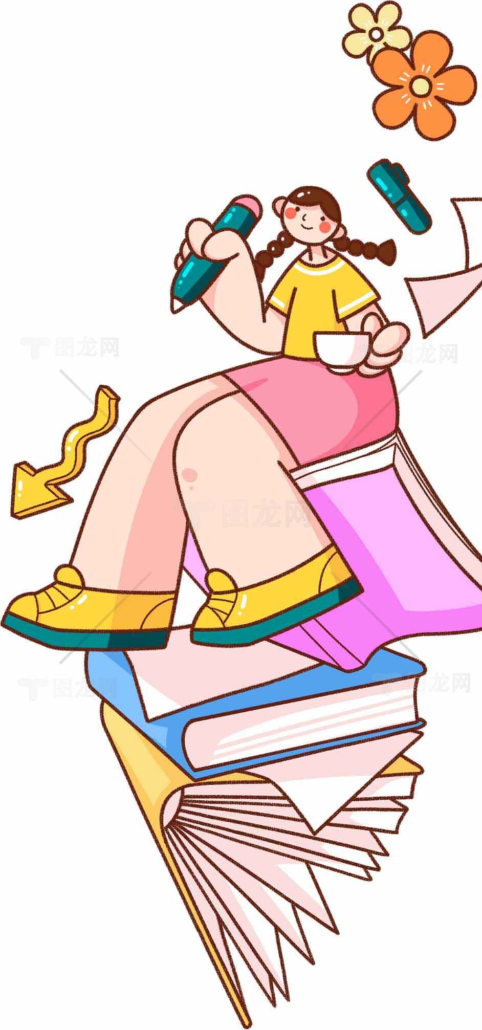 小女孩拿着笔坐在书本上的创意插图素材