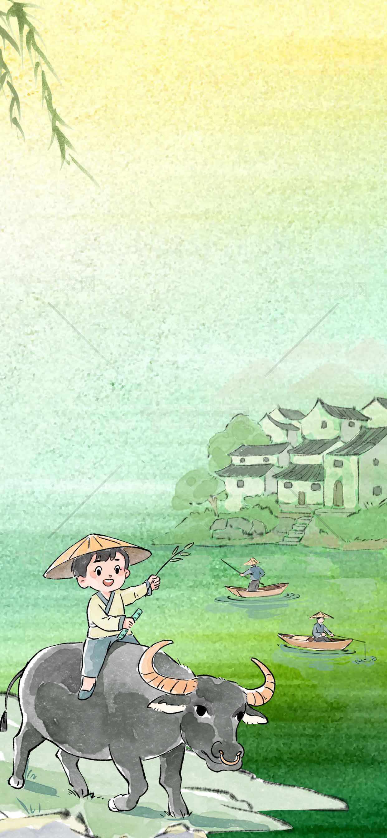 田园牧歌水墨风插画：儿童与水牛的乡村生活素材