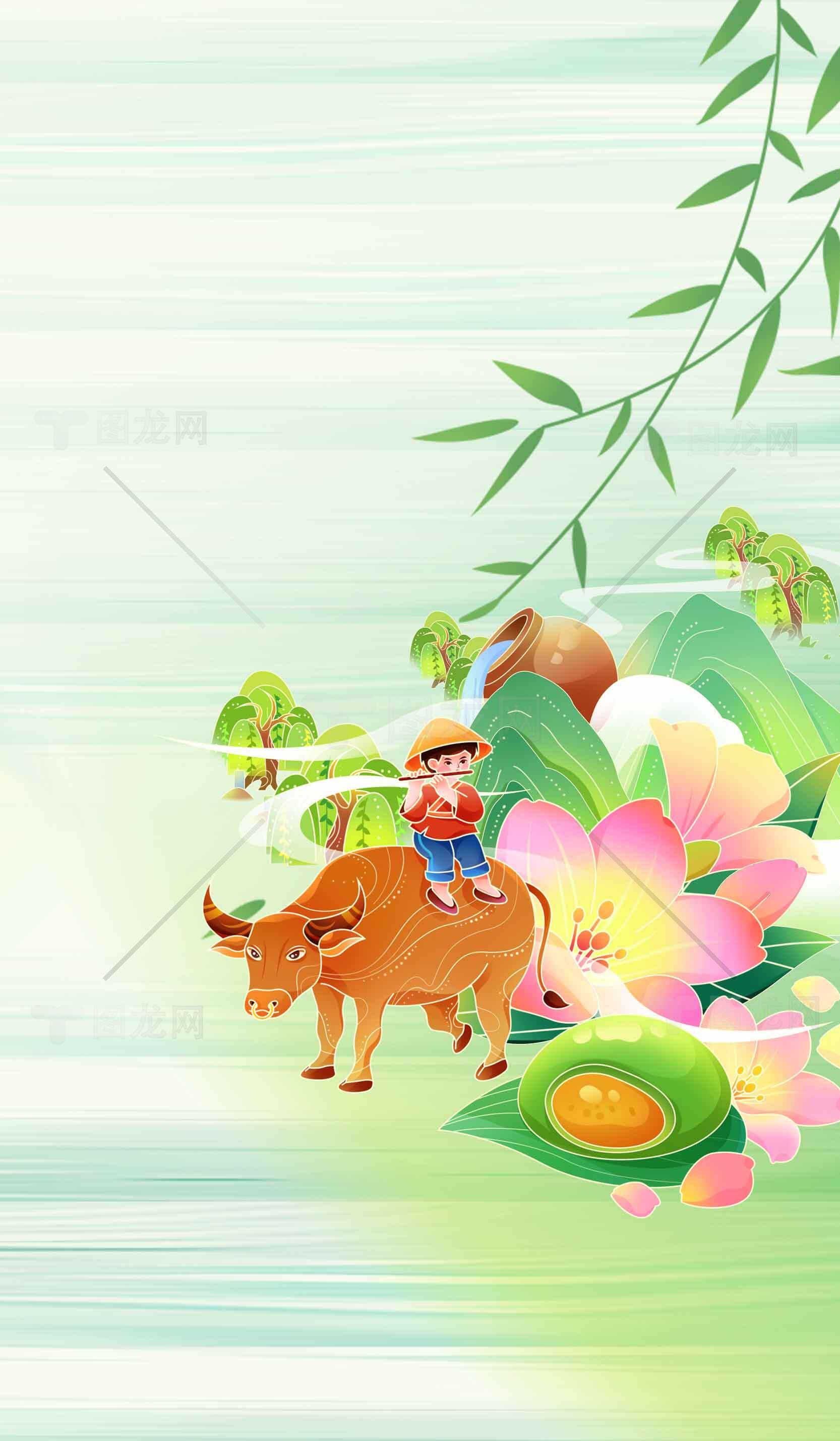 田园风光插画：牧童与水牛的自然和谐素材