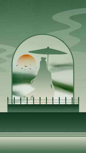 古风剪影插画：绿意盎然的唯美意境