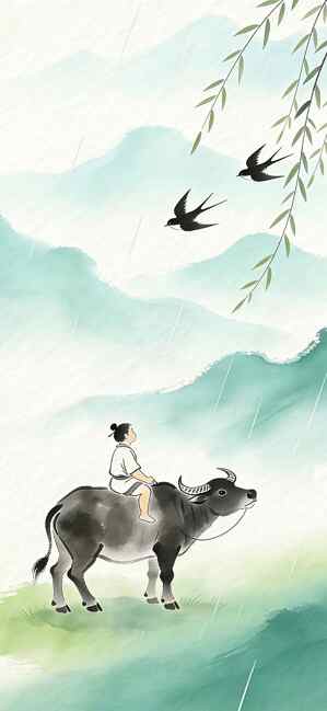 田园牧歌水墨画：牛背上的童年