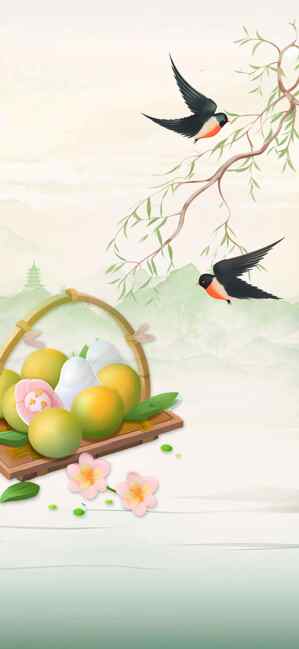 春日田园风光插画：果篮与飞燕