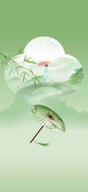 唯美古风意境插画：绿意盎然的竹林与油纸伞