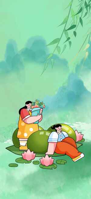清新田园风插画：荷叶与人物的自然和谐