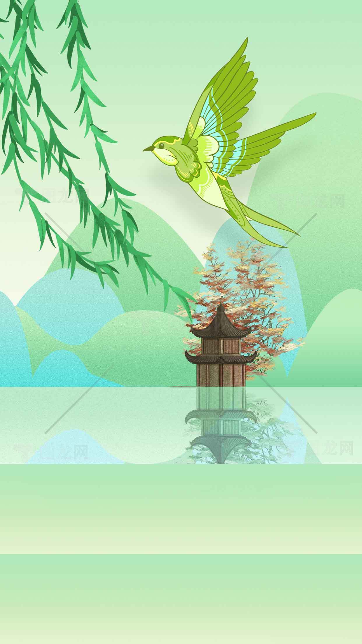 唯美中国风山水画：飞鸟与湖畔倒影素材