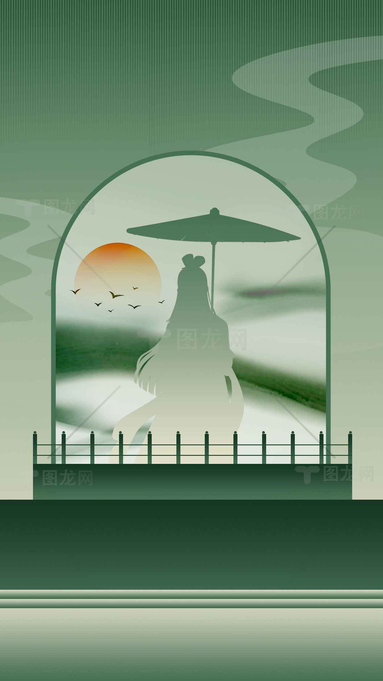 古风剪影插画：绿意盎然的唯美意境素材