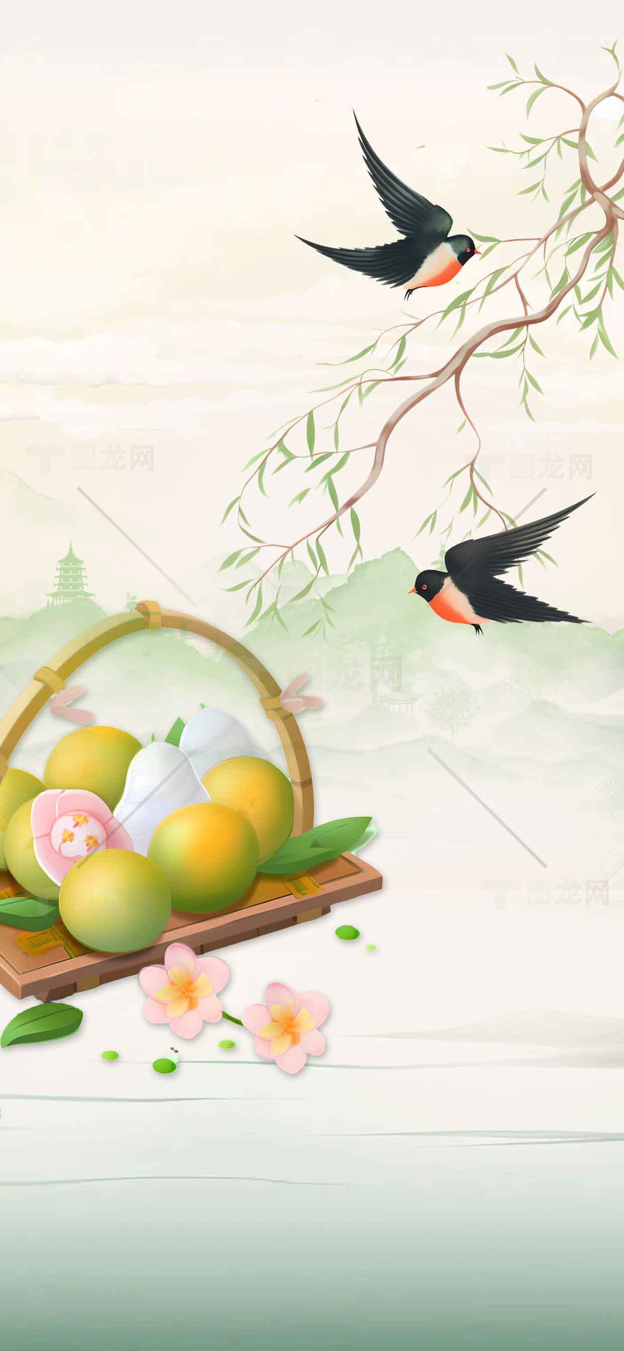 春日田园风光插画：果篮与飞燕素材