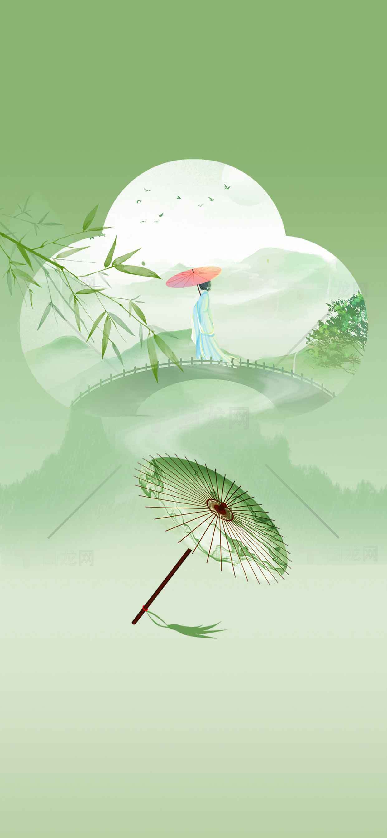 唯美古风意境插画：绿意盎然的竹林与油纸伞素材