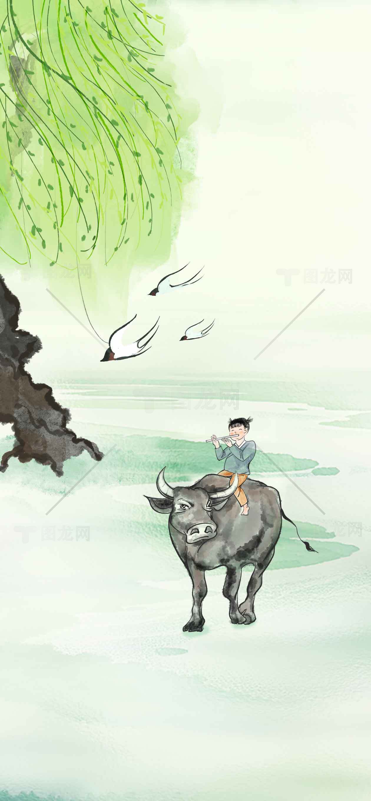 水墨田园画：童年记忆中的牧牛时光素材