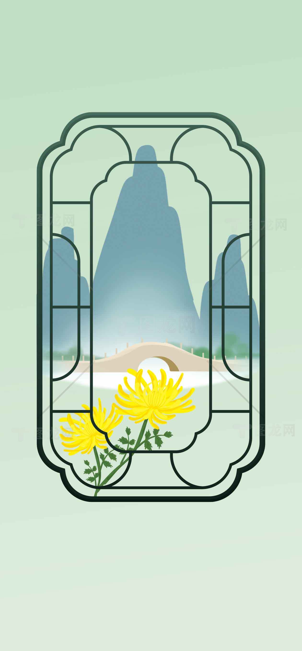 中国风山水窗景插画设计素材