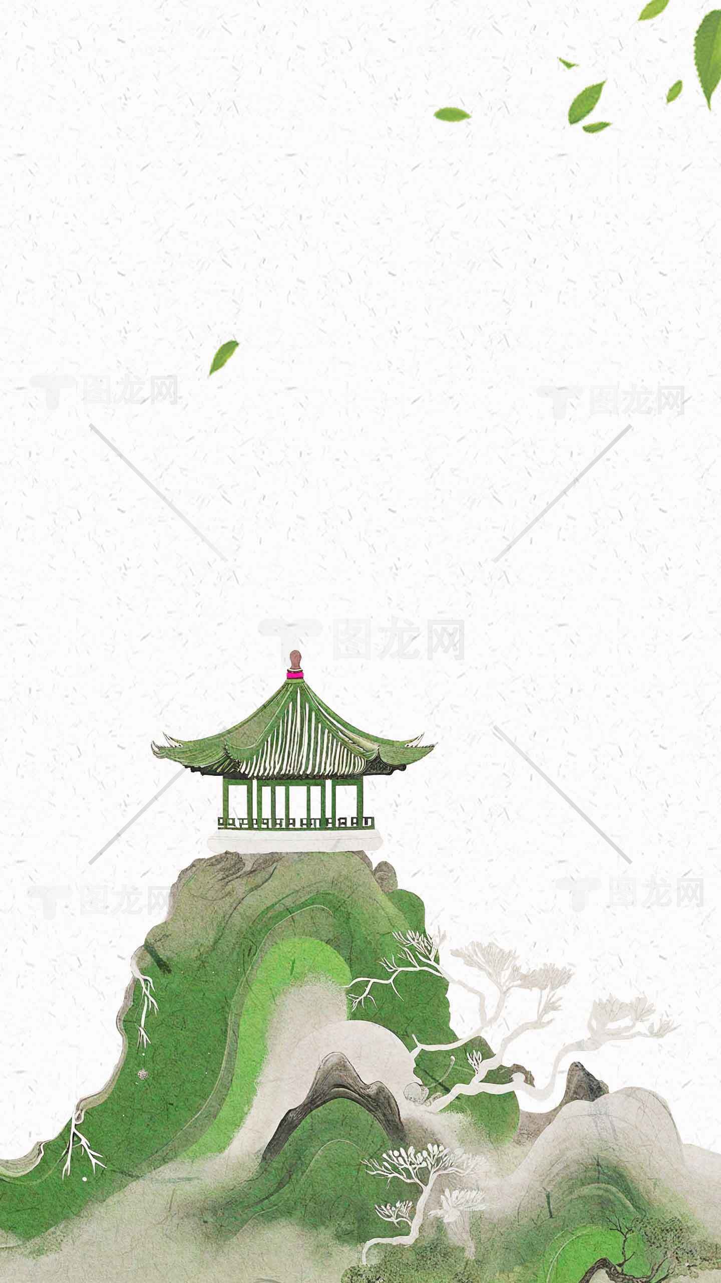 中国风山水插画：古典亭台与自然意境素材