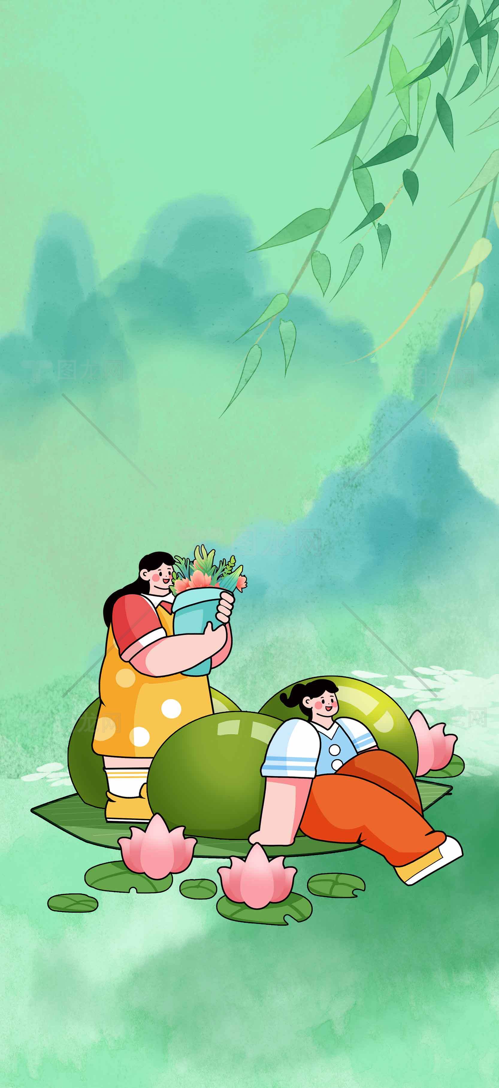 清新田园风插画：荷叶与人物的自然和谐素材