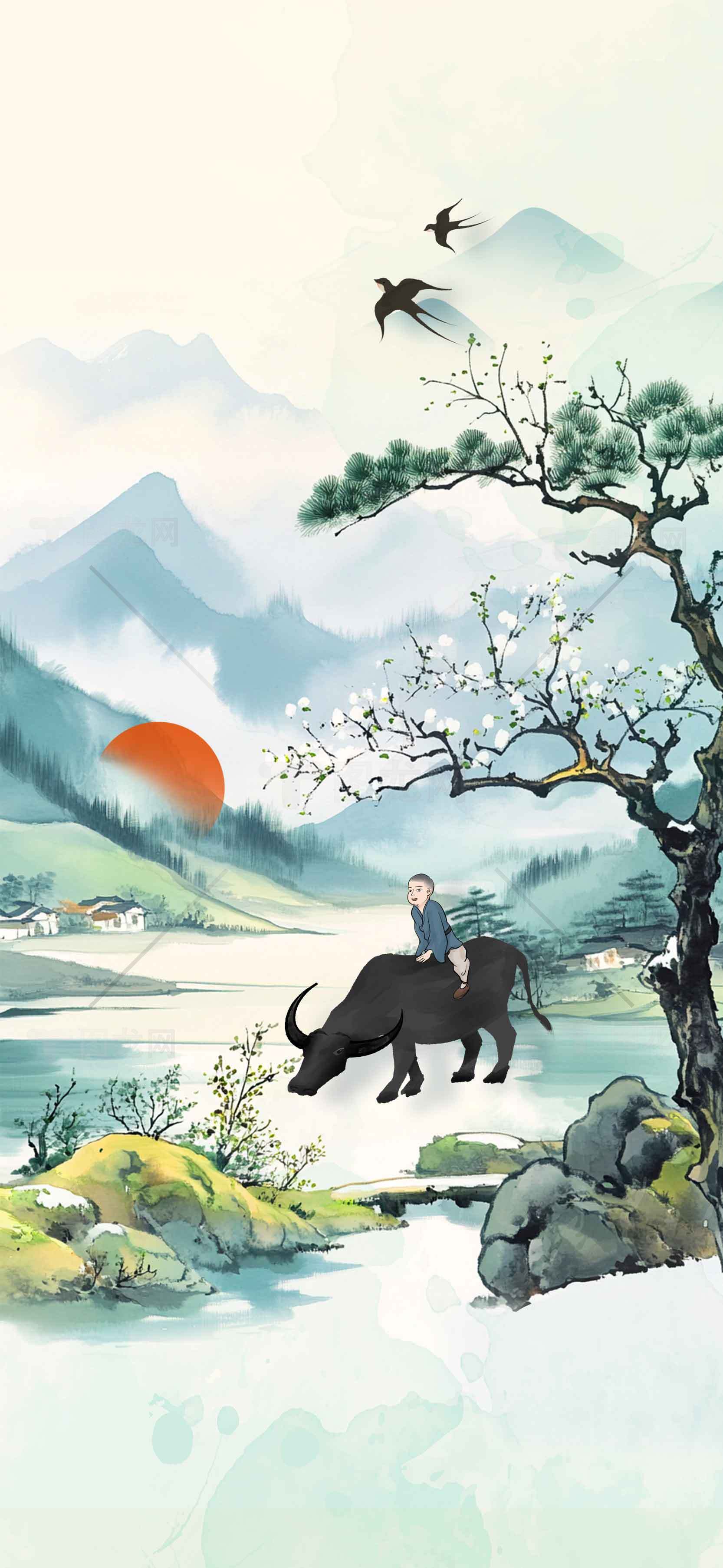 山水田园风光国画插画：牧童与水牛素材