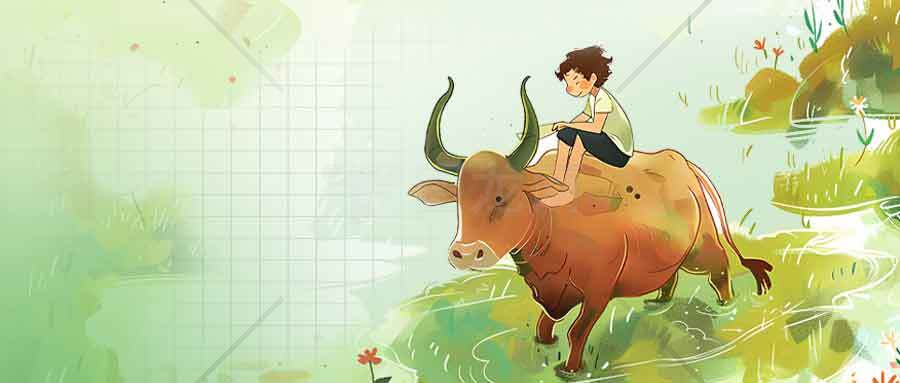田园牧歌插画：少年与牛的自然和谐场景素材
