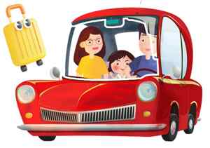 家庭自驾游卡通插画：红色汽车与行李箱