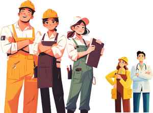 多职业团队插画：工程师、医生与工人形象