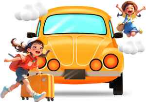 儿童旅行插画：快乐出发与黄色汽车