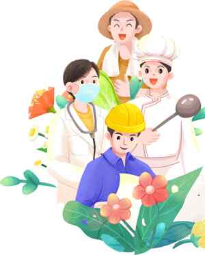 职业角色插画：医生、农民、厨师与工人