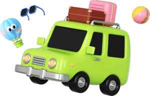 绿色旅行车与夏日旅行元素插画